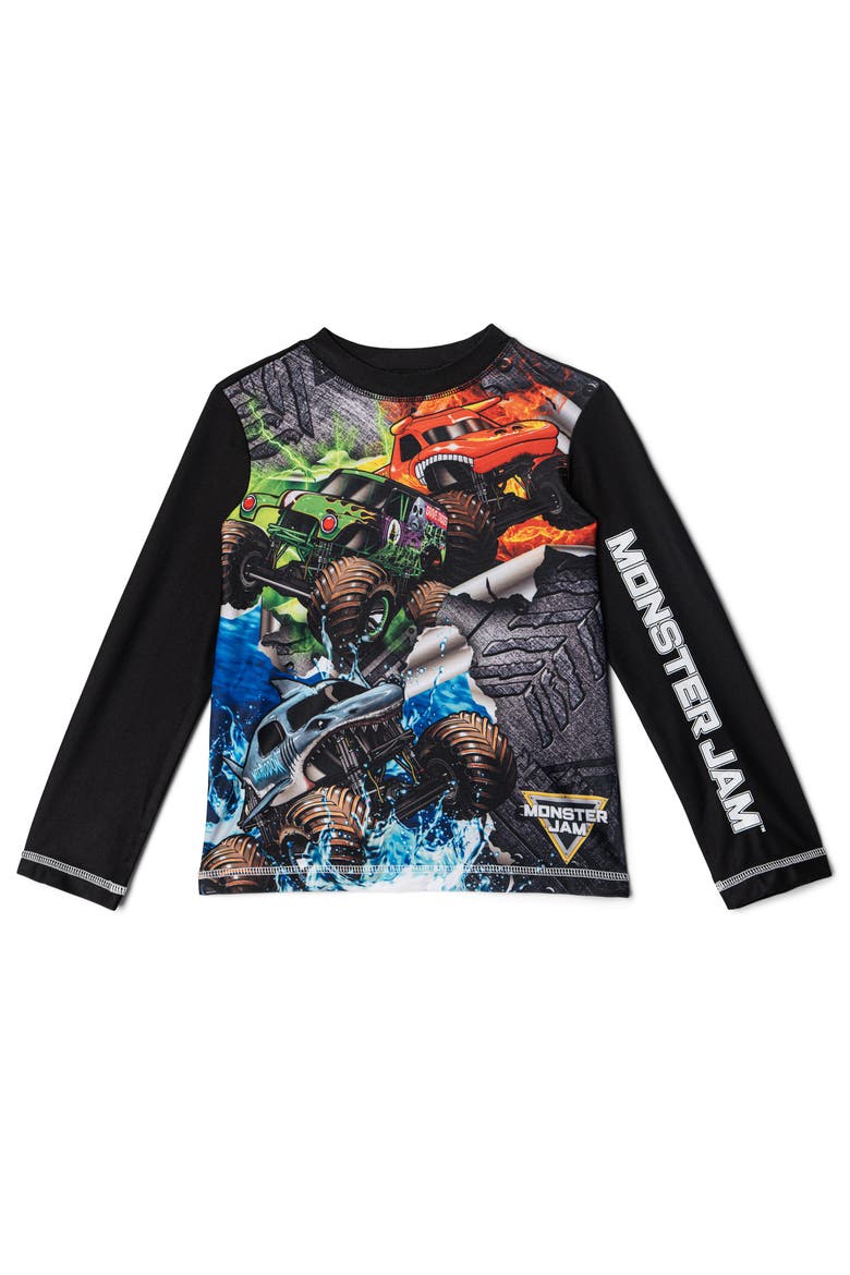 2-Piece Swimwear Rash Guard and Swim Trunks Set, Alternate, color, Monster Jam Black