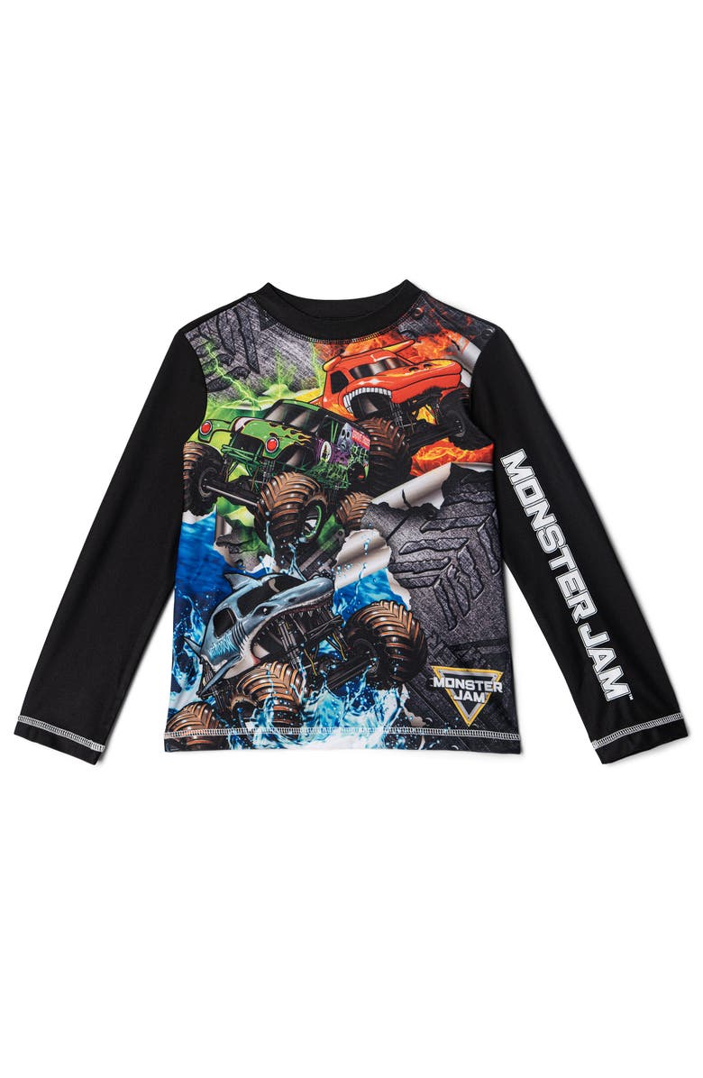 Monster Jam 2-Piece Swimwear Rash Guard and Swim Trunks Set, Alternate, color, Monster Jam Black
