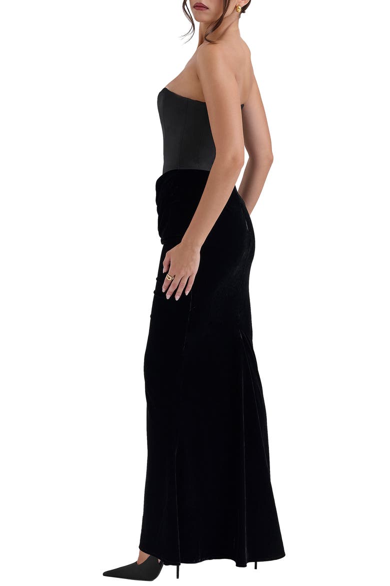 Persephone Strapless Corset Satin & Velvet Mermaid Gown, Alternate, color, BLACK