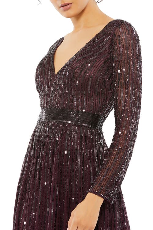 Mac Duggal Sequined Long Sleeve Plunging V-neck Gown In Mulberry