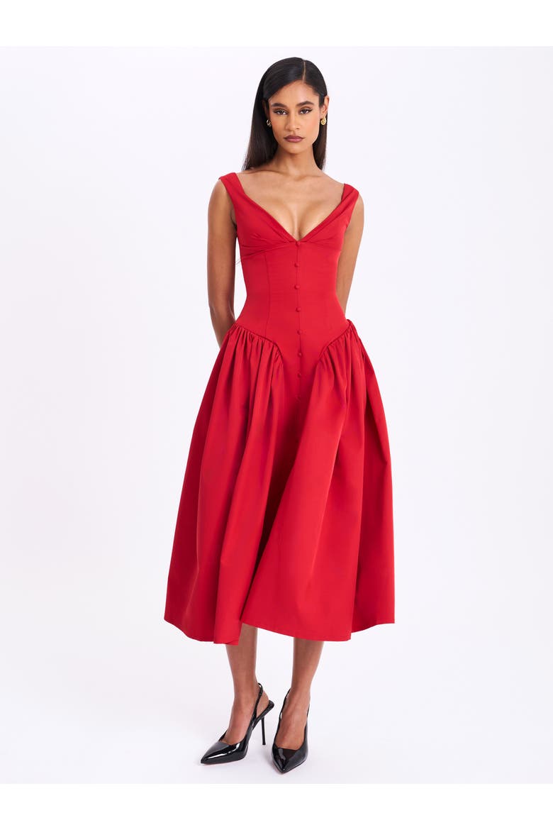 Nahla Drop Waist Midi Dress with Buttons, Alternate, color, Red