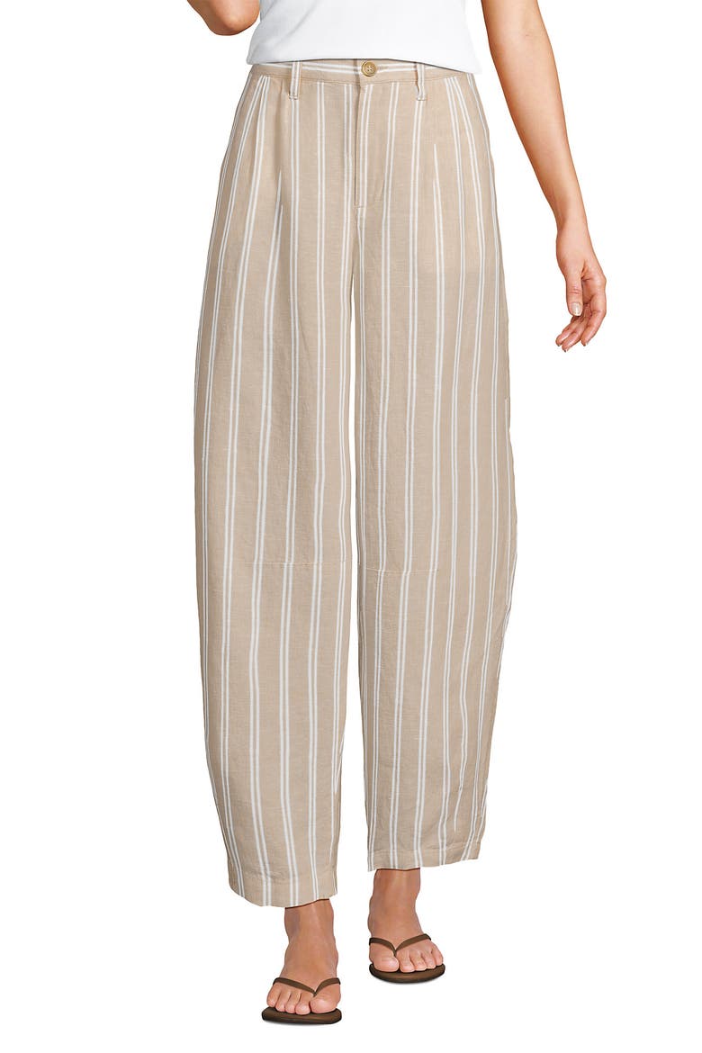 Tall Linen High Rise Pleated Barrel Leg Ankle Pants, Main, color, Champagne/White Double Stripe