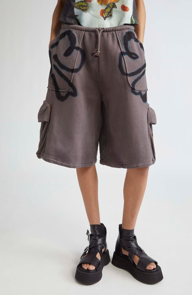 Collina Strada Charcoal Flower Cargo Sweat Shorts, Main, color, 