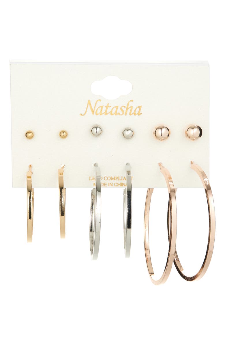 Tasha Set of 6 Tri-Tone Ball Stud & Hoop Earrings, Main, color, Gold Silver Rose