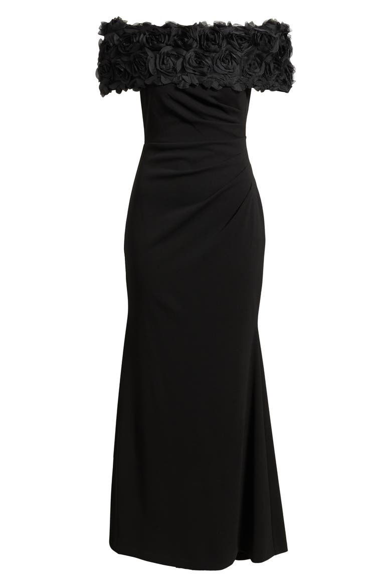 Rosette Detail Off the Shoulder Gown, Alternate, color, BLACK