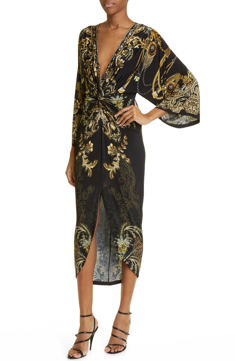 Camilla The Night is Noir Twist Front Long Sleeve Dress, Alternate, color, 