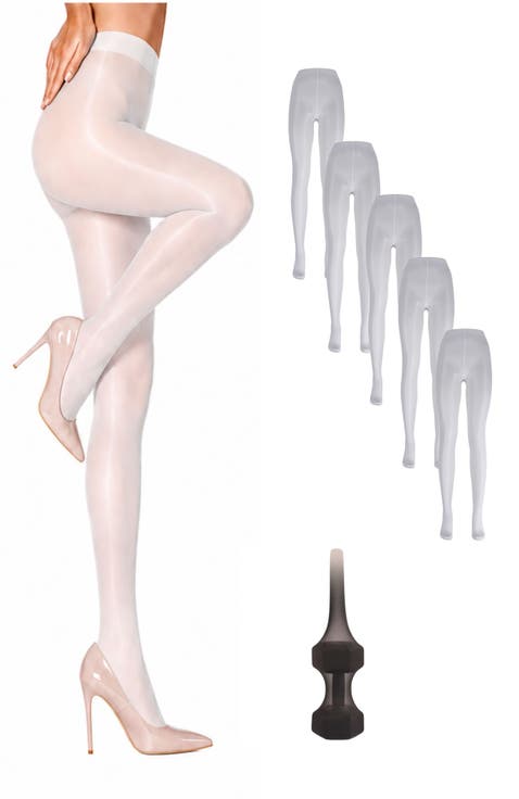 5-Pack Glossy Semi-Sheer Opaque Ladder Resistant Party Evening Tights for Women