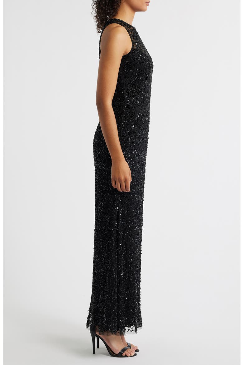 Floral Beaded Sequin Sleeveless A-Line Gown, Alternate, color, BLACK
