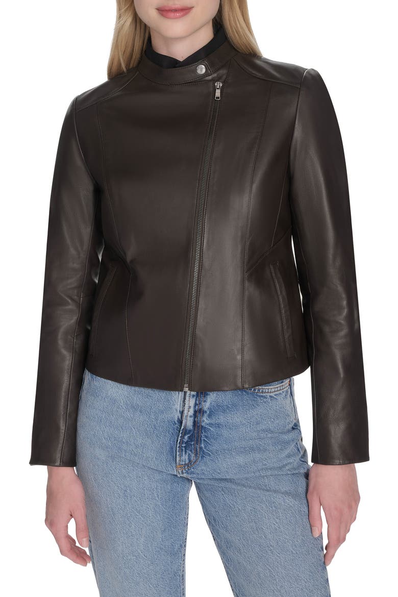 Band Collar Leather Moto Jacket, Main, color, DARK ESPRESSO