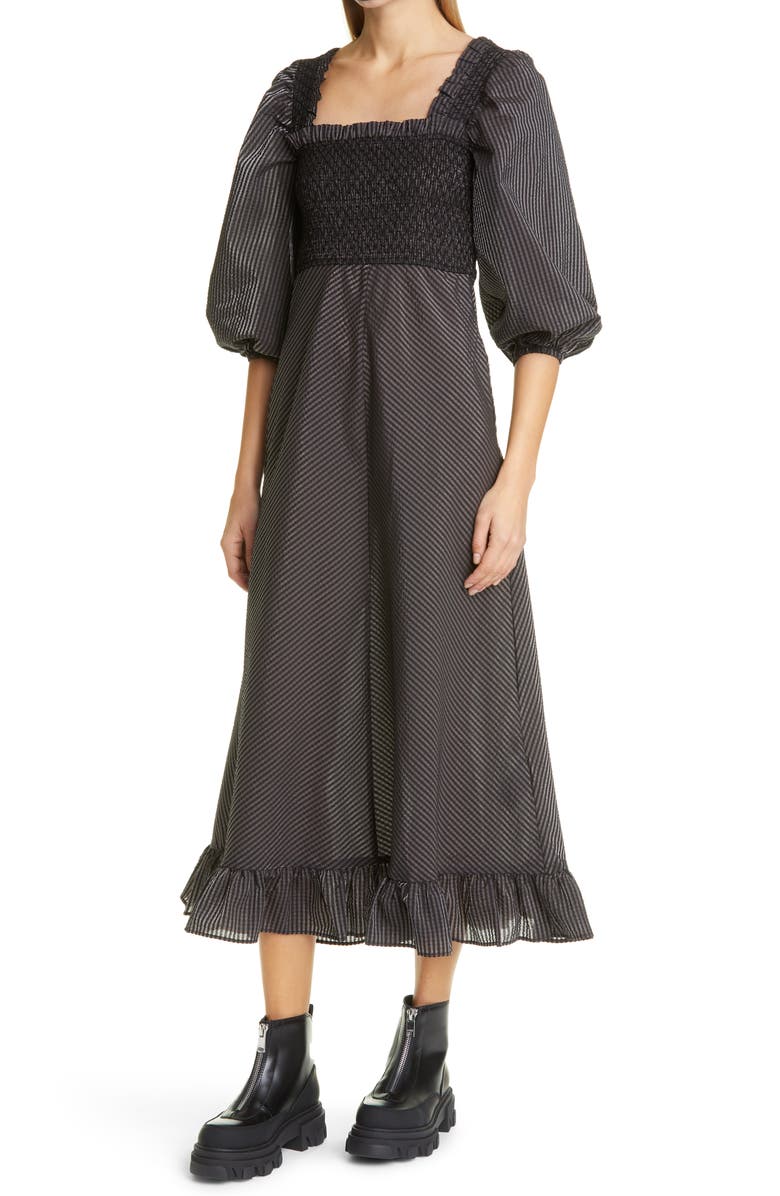 Ganni Seersucker Check Square Neck Dress, Alternate, color, 