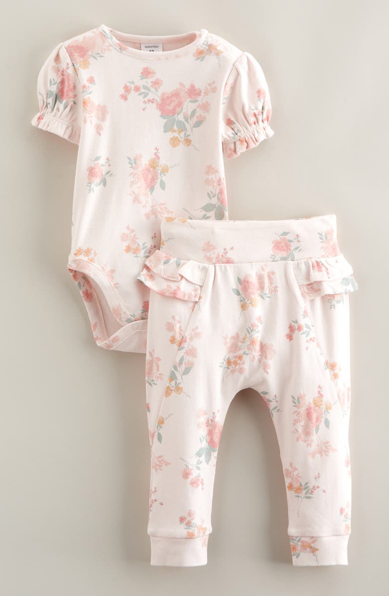 Nordstrom Print Cotton Bodysuit & Ruffled Joggers Set, Main, color, Pink Delicacy Summer Bloom