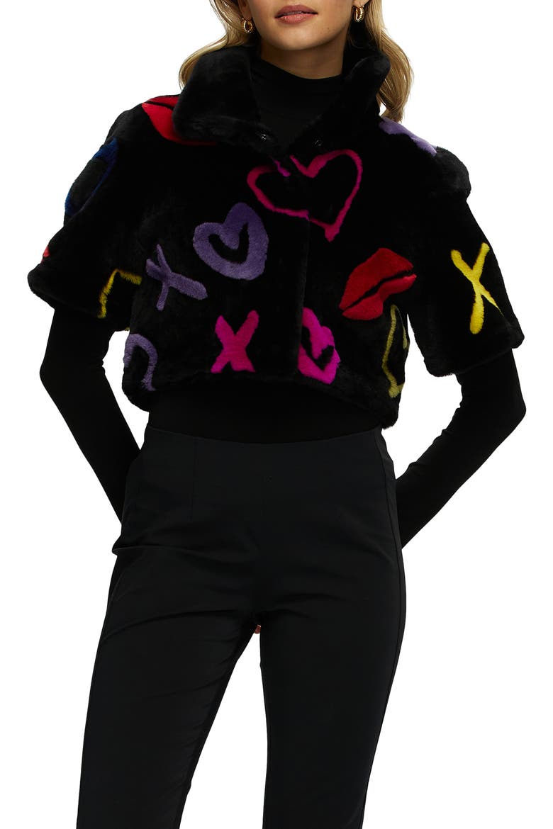 Reversible Genuine Shearling XO Intarsia Bolero with Cropped Sleeves, Alternate, color, BLACK/XO MULTI