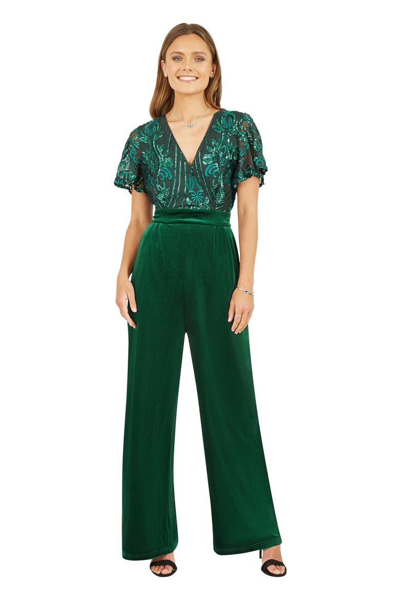 Wrap Sequin Embellished Velvet Jumpsuit, Main, color, Green