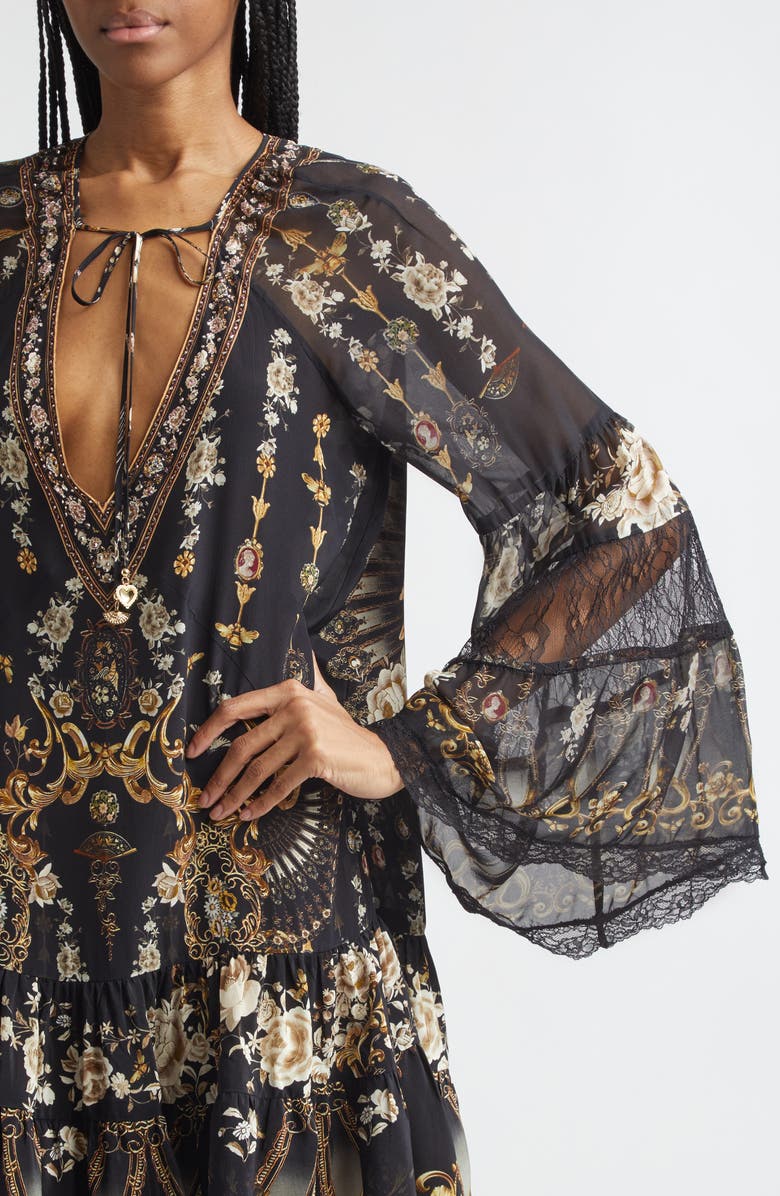 Camilla Flamenco Folklore Print Long Sleeve Tiered Ruffle Silk Minidress, Alternate, color, Flamenco Folklore