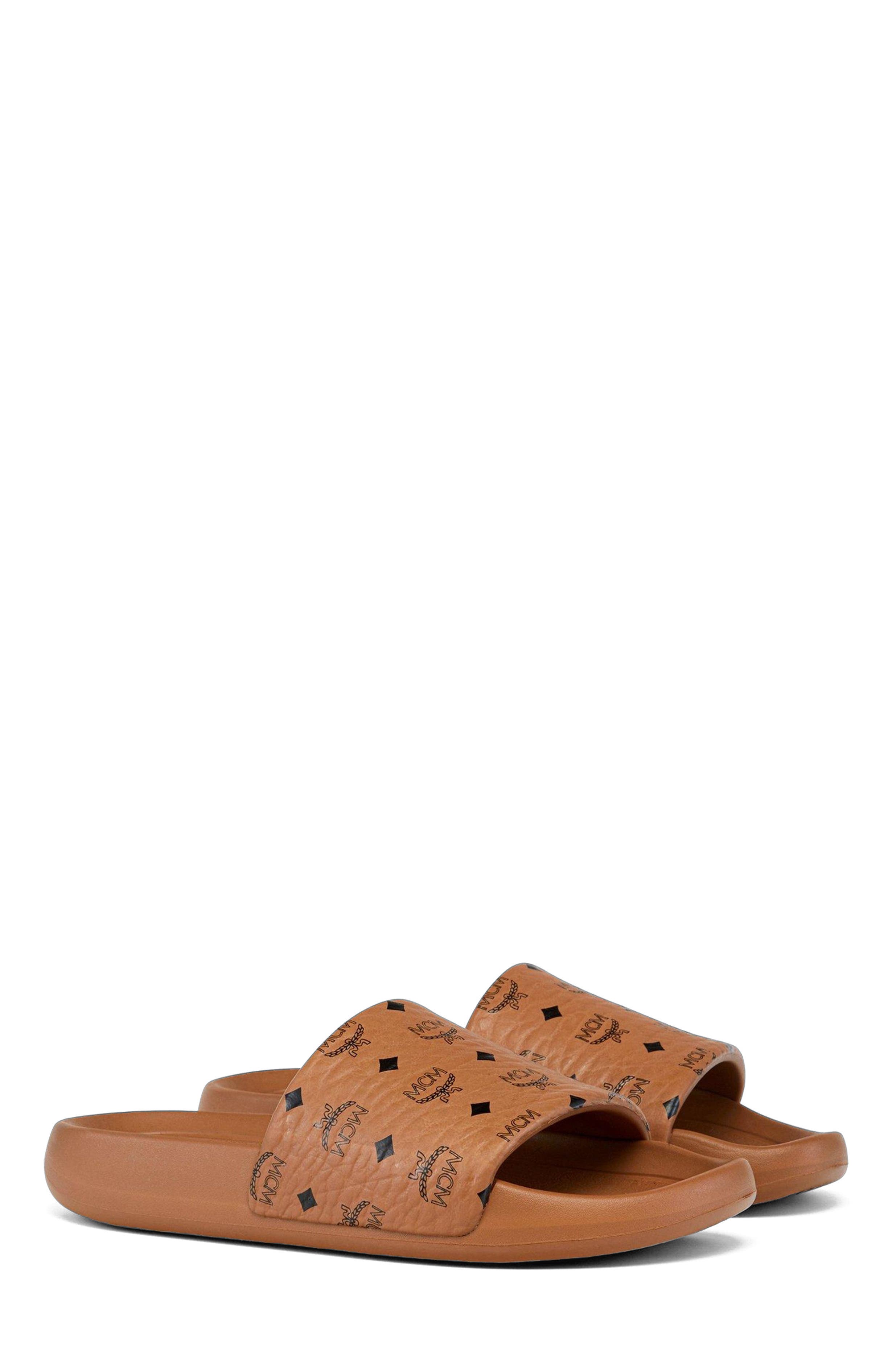 MCM Women's Monogram Print Rubber Slides, Main, color, Cognac