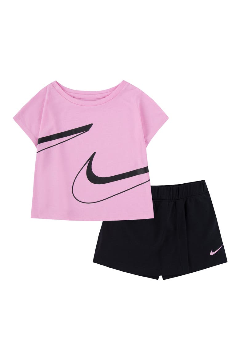 Kids' Swoosh Graphic T-Shirt & Skort Set, Main, color, BLACK