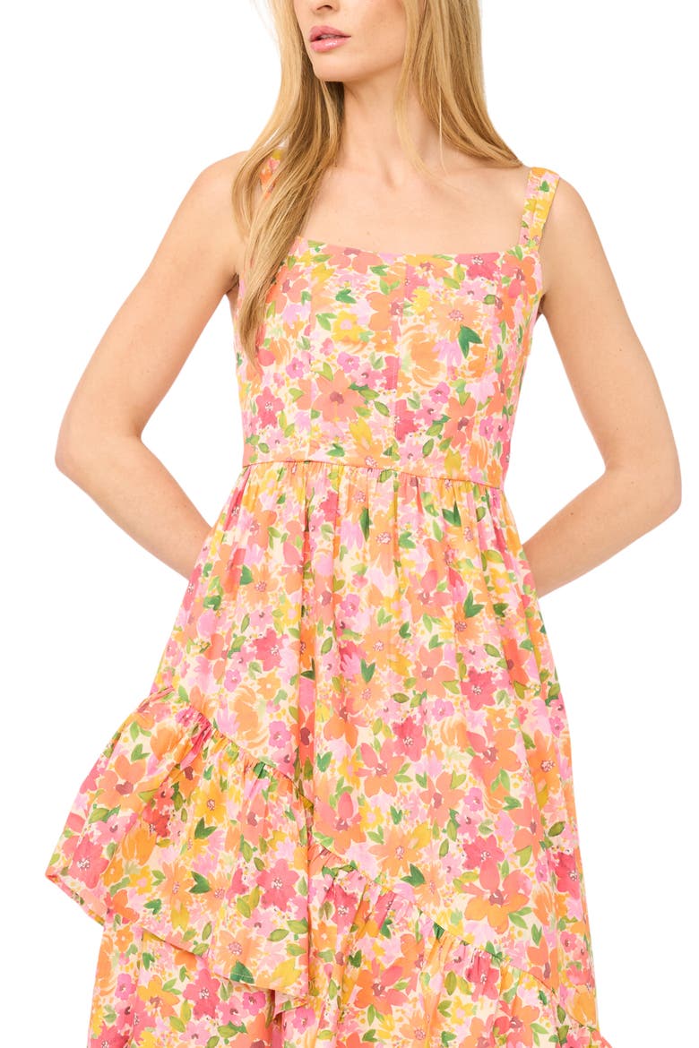 Asymmetric Ruffle Floral Print Midi Dress, Alternate, color, CLARET RED
