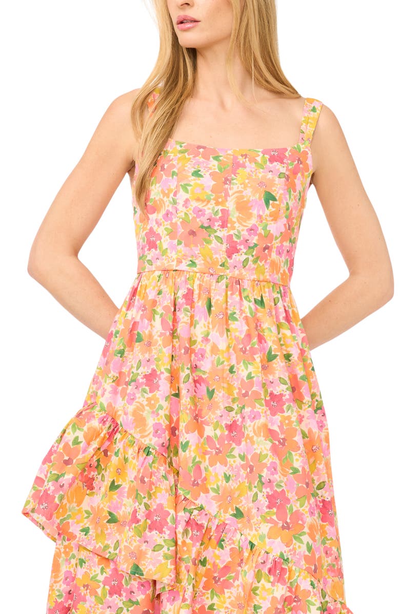 CeCe Asymmetric Ruffle Floral Print Midi Dress, Alternate, color, Claret Red