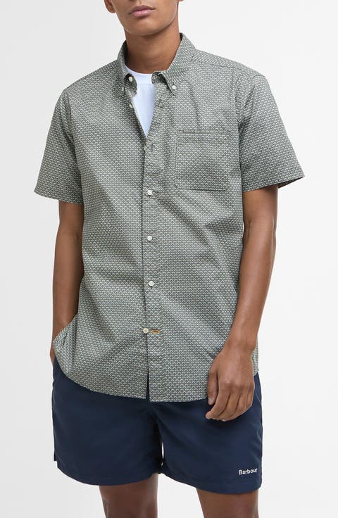 Tailored Fit Shell Print Short Sleeve Cotton Button-Down Shirt