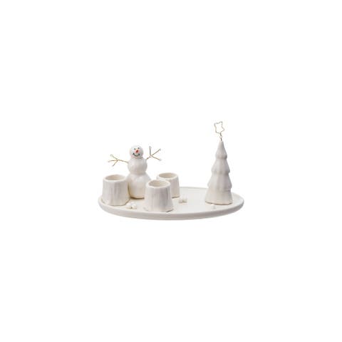 Stoneware and Wire Taper Holder with Snowman and Tree, White