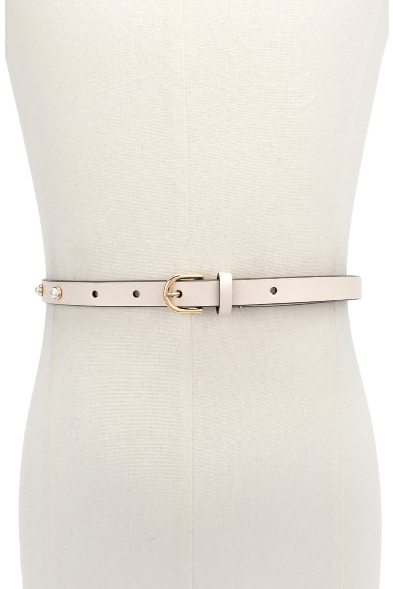 Faux Pearl Halo Stud Leather Belt, Alternate, color, CREAM