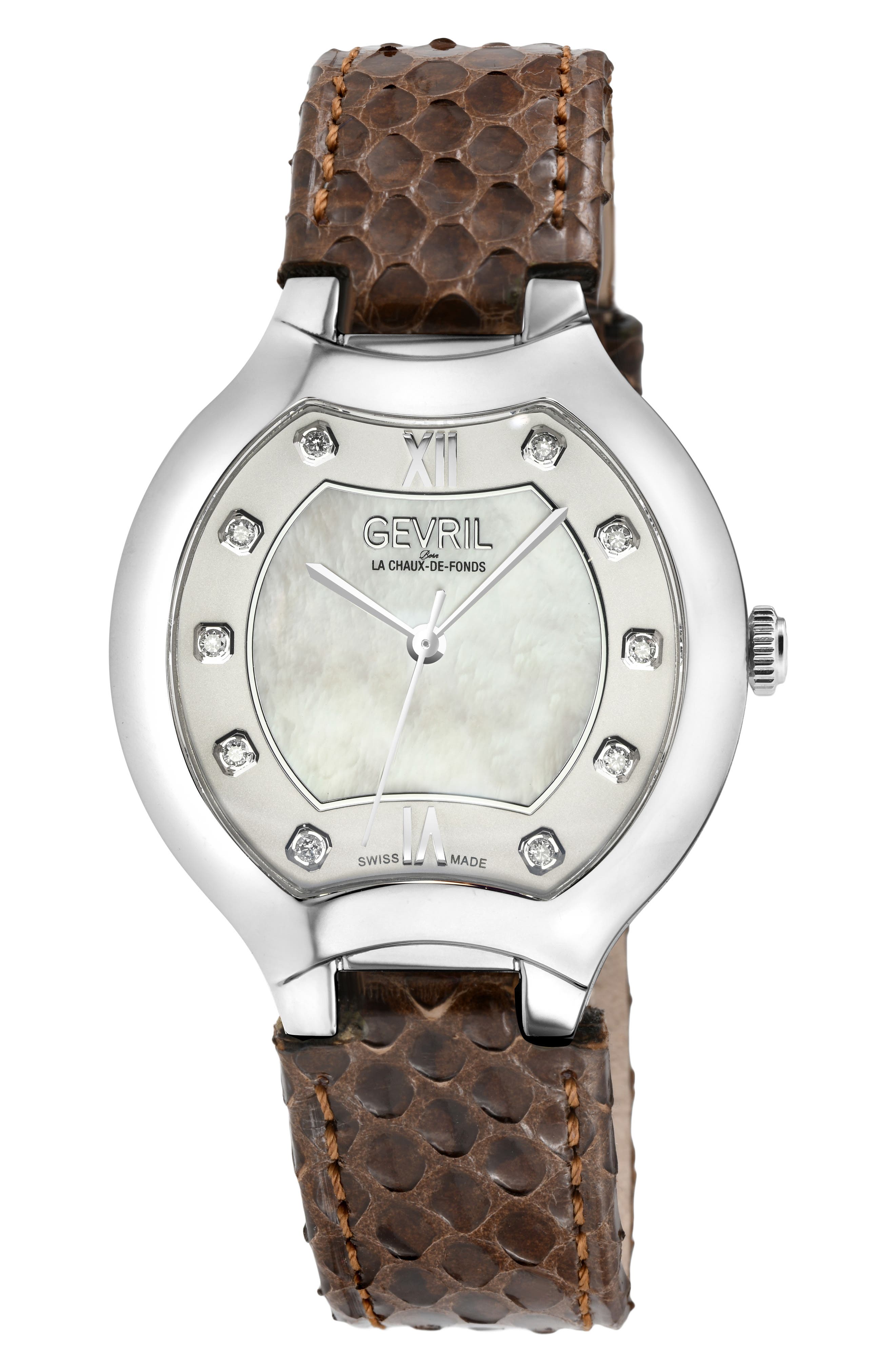 GEVRIL Lugano Diamond Snake Embossed Leather Strap Watch, 38mm