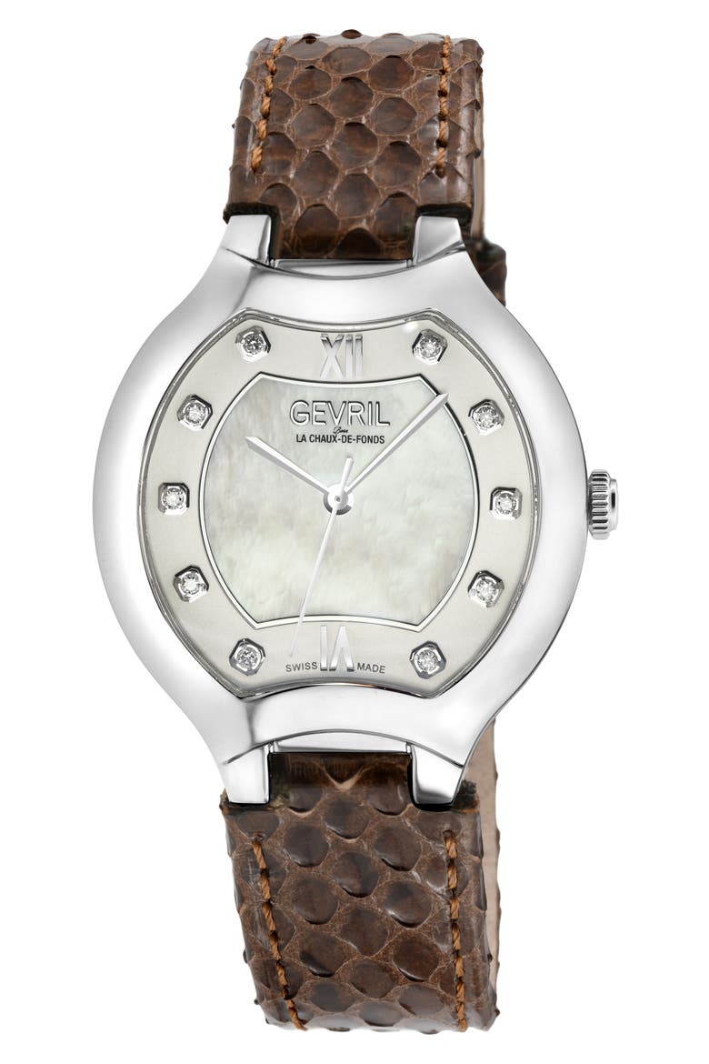 Lugano Diamond Snake Embossed Leather Strap Watch, 38mm, Main, color, BROWN