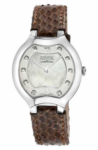 GEVRIL Lugano Diamond Snake Embossed Leather Strap Watch, 38mm