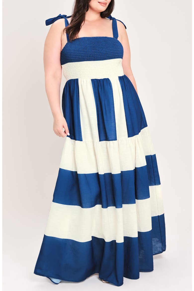 Striped Smocked Tiered Maxi Dress, Main, color, OFF WHITE/ BLUE