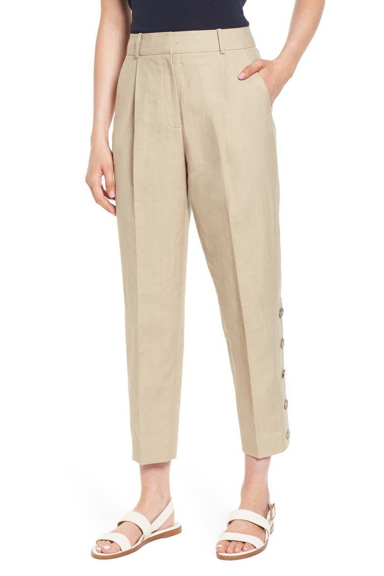 Button Side Crop Linen Blend Pants, Main, color, BEIGE HUMUS