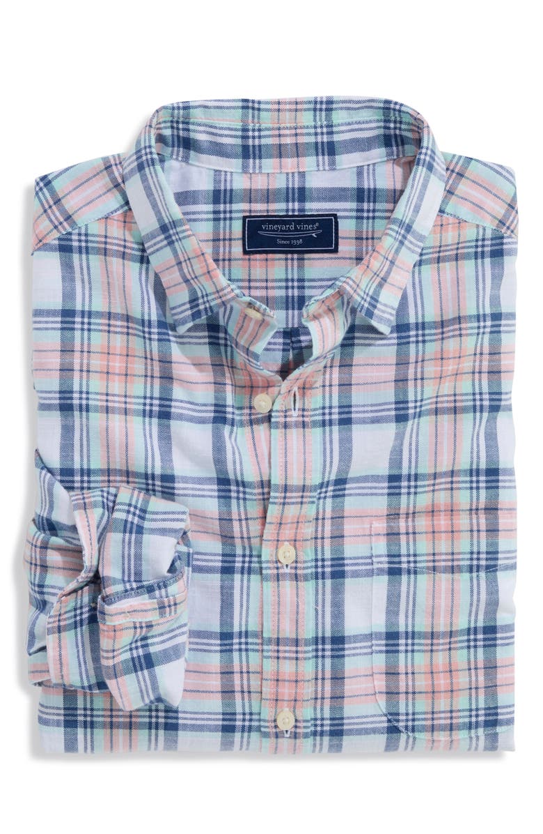 vineyard vines Folly Beach Plaid Island Slub Cotton Spread Collar, Alternate, color, Peaches & Cream