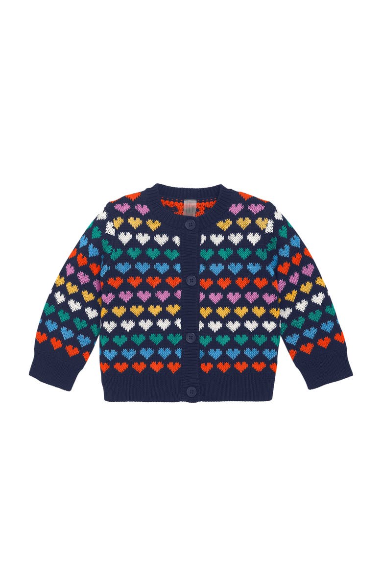 Primary Baby Rainbow Hearts Cardigan, Main, color, Navy Rainbow Hearts