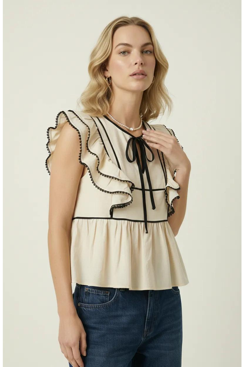 Ruffle Sleeve Peplum Front Tie Top, Main, color, Cream