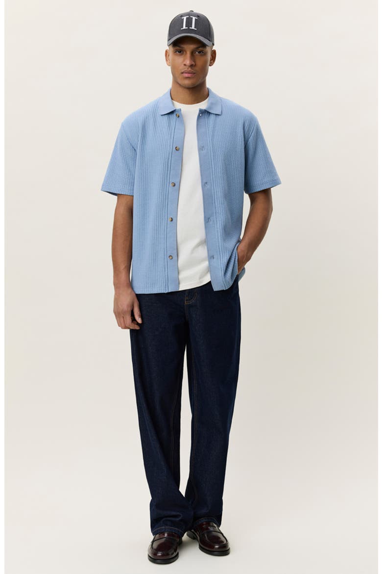 Pointelle Short Sleeve Cardigan, Alternate, color, FADED DENIM BLUE