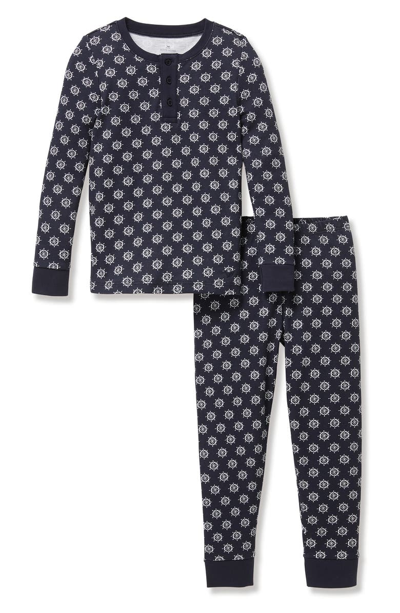 Petite Plume Kids' Captain's Compass Fitted Two-Piece Pima Cotton Pajamas, Main, color, Navy