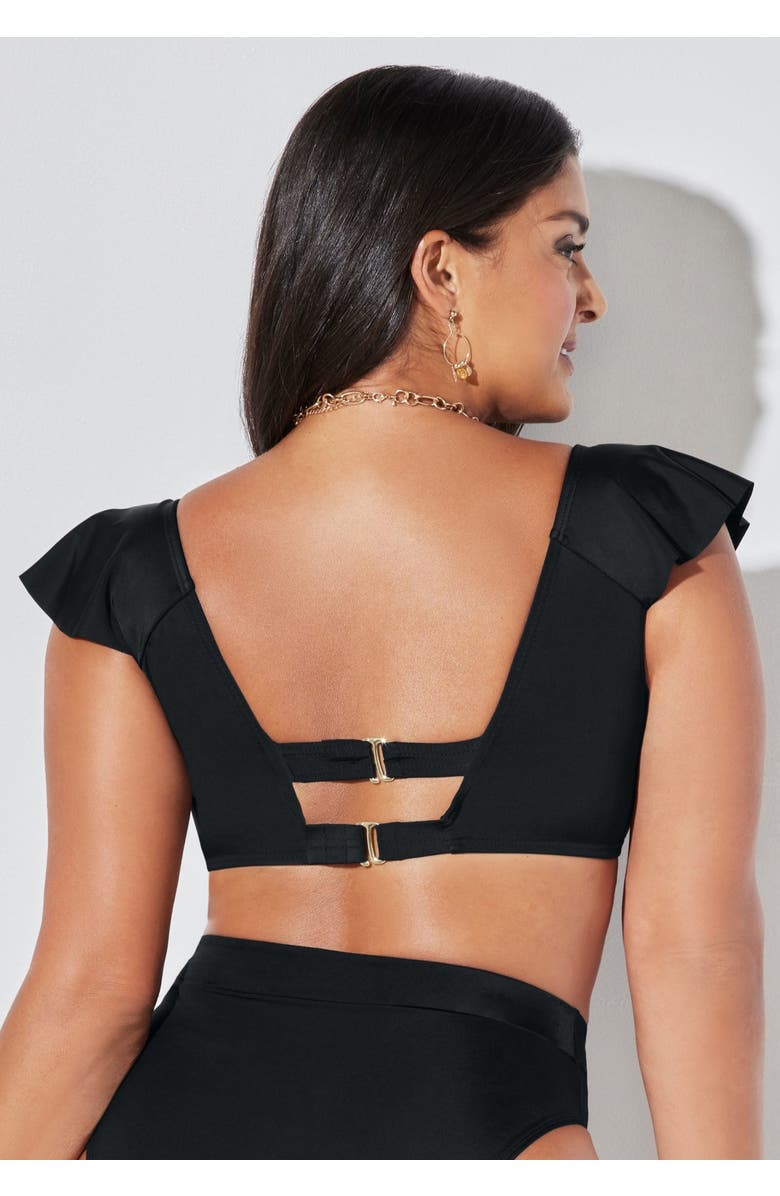 Swimsuits for All Tie Front Cup Sized Cap Sleeve Underwire Bikini Top, Alternate, color, Black