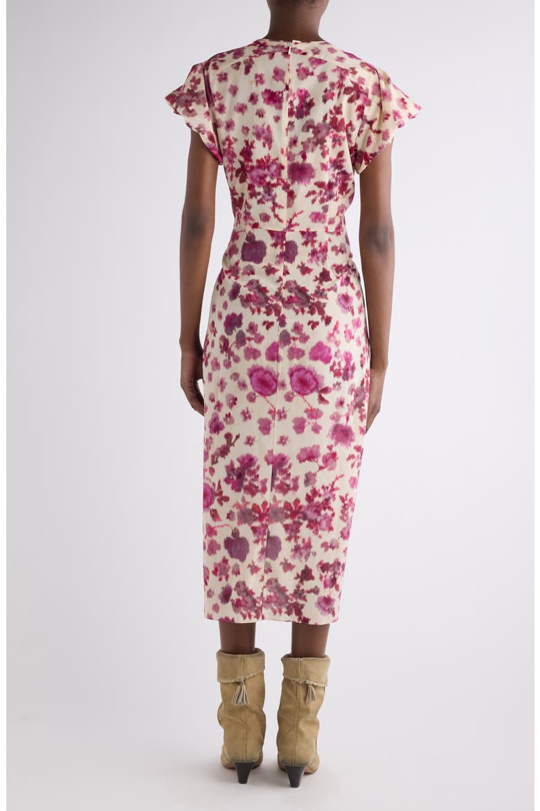 Terenae Ikat Print Bubble Sleeve Stretch Silk Midi Dress, Alternate, color, PINK