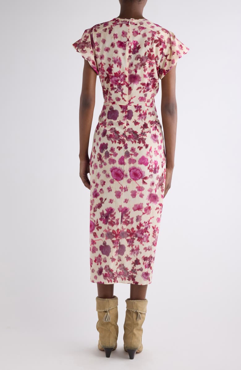 Isabel Marant Terenae Ikat Print Bubble Sleeve Stretch Silk Midi Dress, Alternate, color, Pink