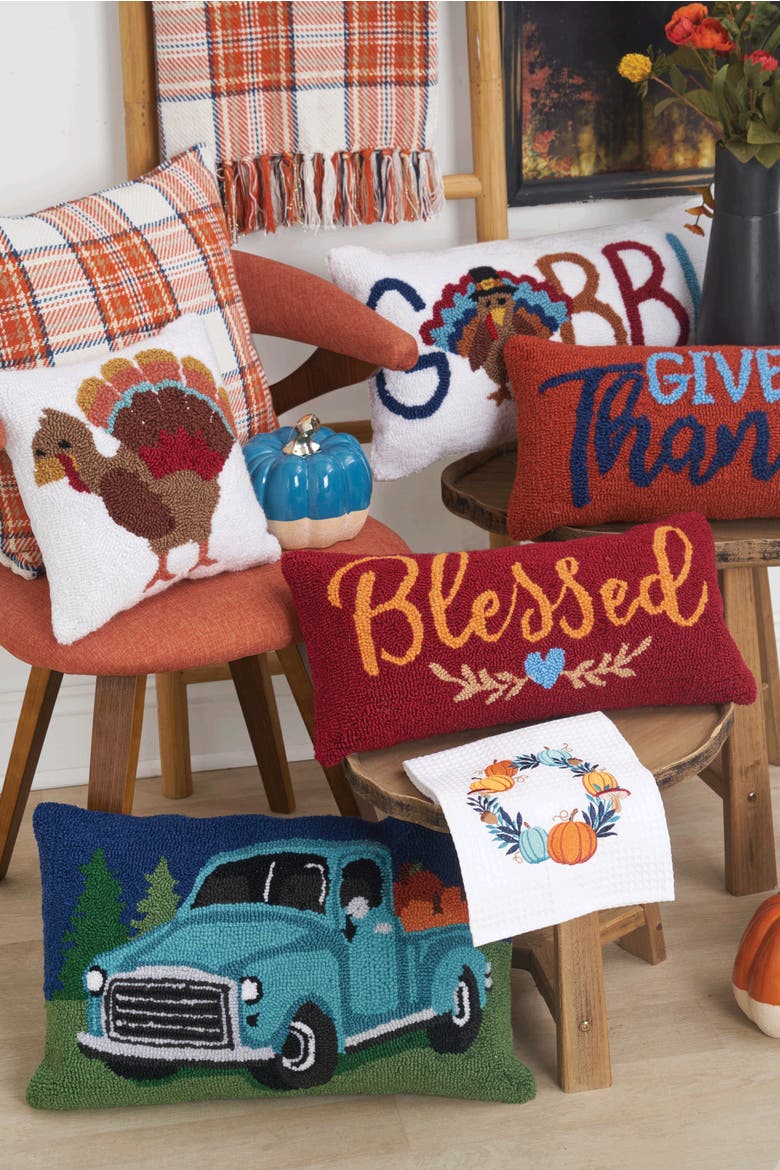 Pumpkin Truck Hooked Pillow, Alternate, color, Blue