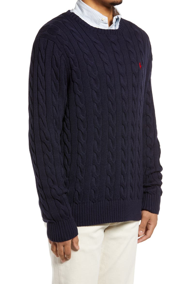 Cable Knit Cotton Crewneck Sweater, Alternate, color, BLUE