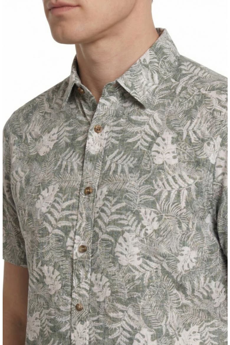 Tropical Print Short Sleeve Linen & Cotton Button-Up Shirt, Alternate, color, OLIVE