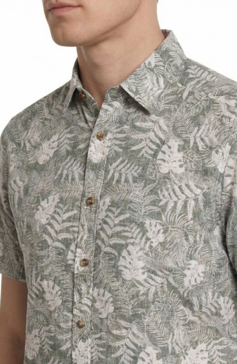 Report Collection Tropical Print Short Sleeve Linen & Cotton Button-Up Shirt, Alternate, color, Olive