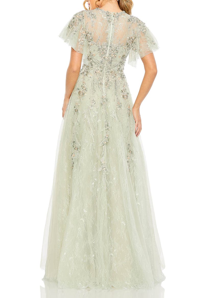 Women's Illusion Neck Beaded Lace Flutter Sleeve Ball Gown, Alternate, color, Seafoam