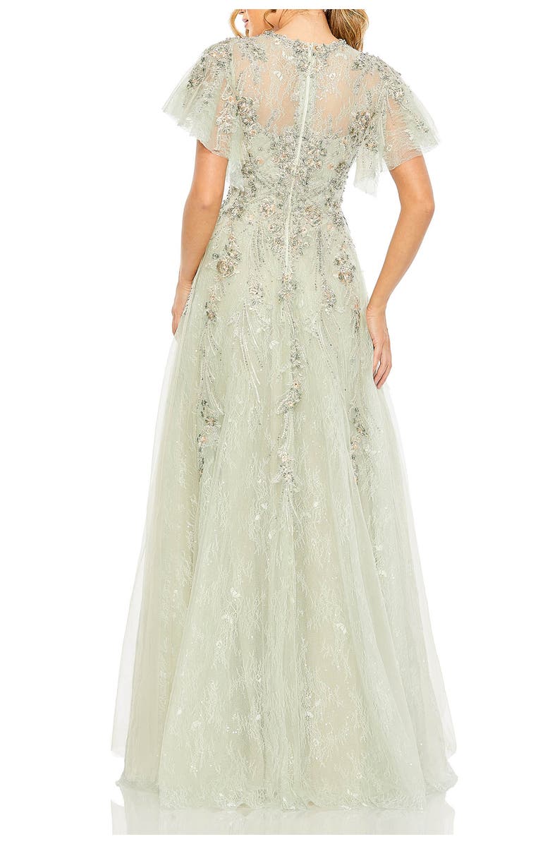 Mac Duggal Illusion Neck Beaded Lace Flutter Sleeve Ball Gown, Alternate, color, Seafoam