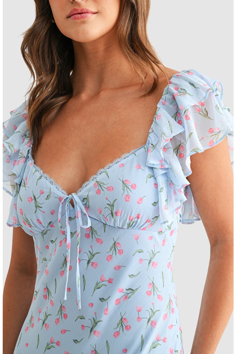 Floral Flutter Sleeve Flare Hem Midi Dress, Alternate, color, BLUE PINK
