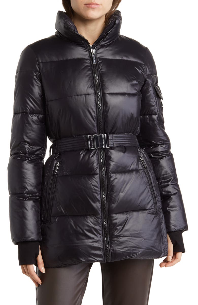Michael Kors Faux Fur Belted Hooded Puffer Jacket, Alternate, color, 
