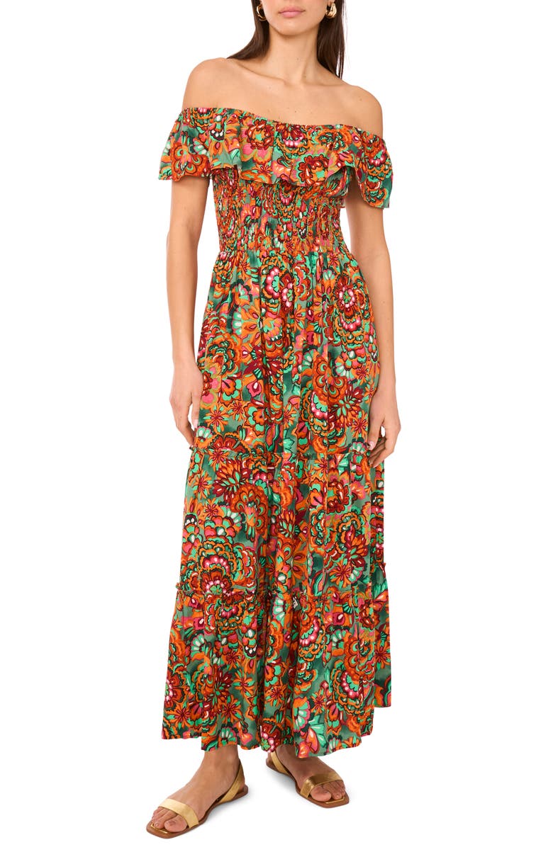 Vince Camuto Floral Off the Shoulder Tiered Ruffle Maxi Dress, Main, color, Chili