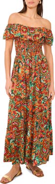 Vince Camuto Floral Off the Shoulder Tiered Ruffle Maxi Dress