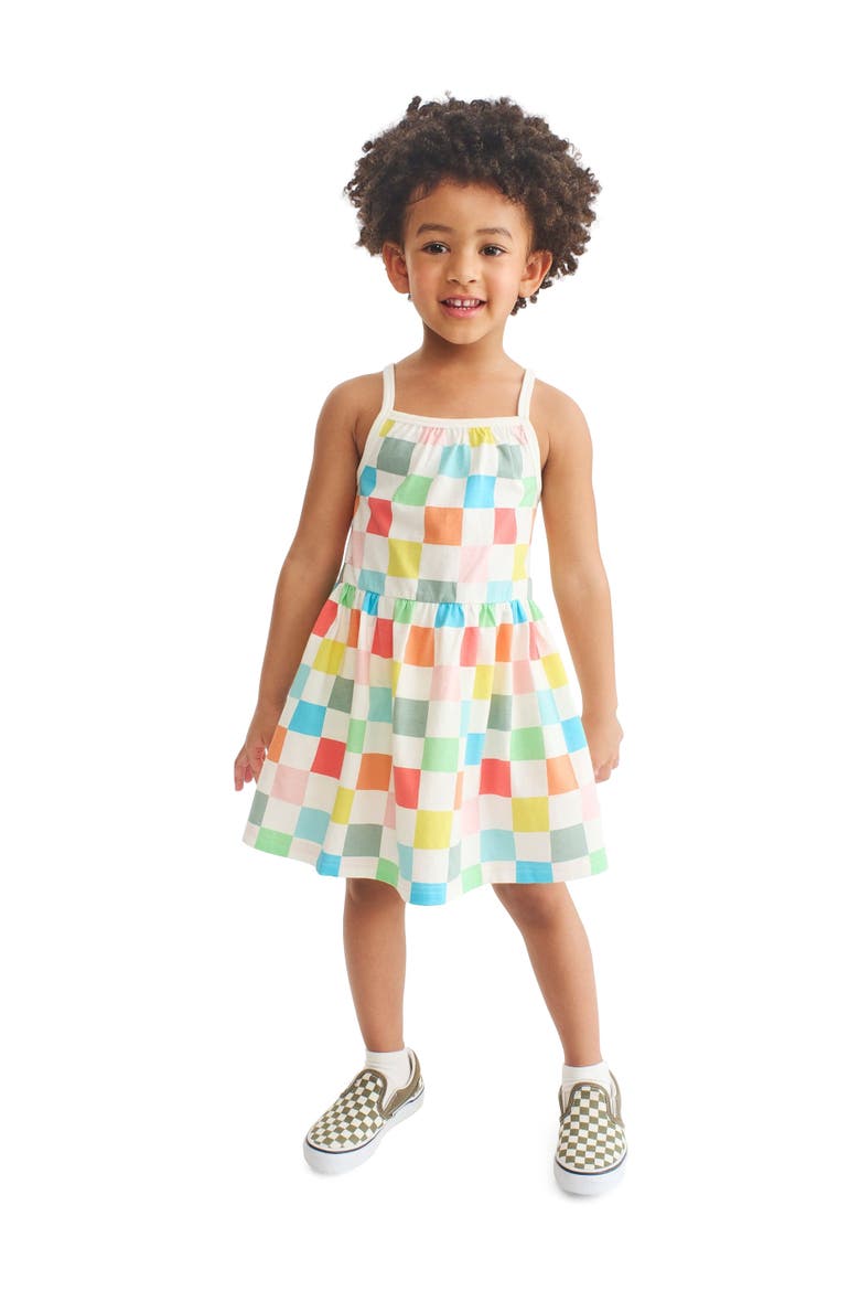 Kids Picnic Dress In Rainbow Patterns, Alternate, color, Ivory Rainbow Check