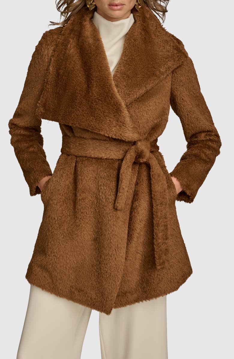 Donna Karan New York Faux Fur Wrap Coat, Main, color, Tobacco
